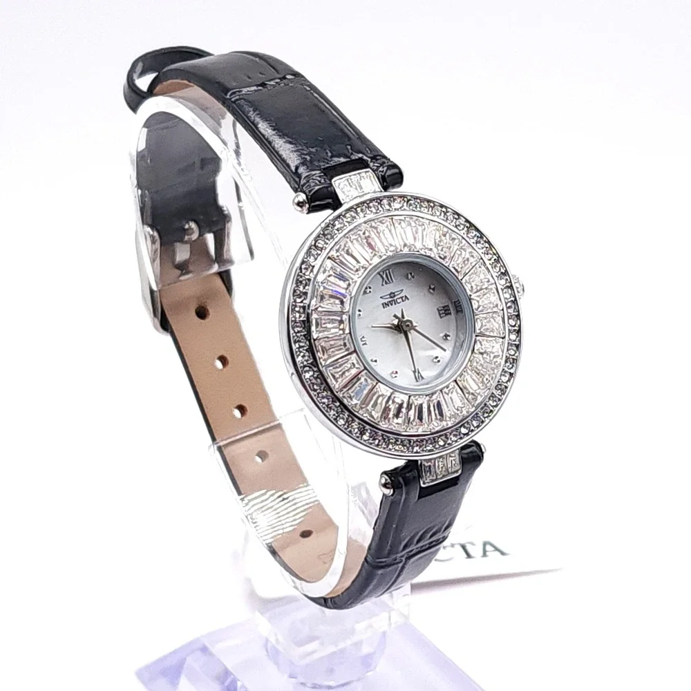 Invicta Celestial 70351 Womens Watch Silver Crystal Black Leather 30mm NEW